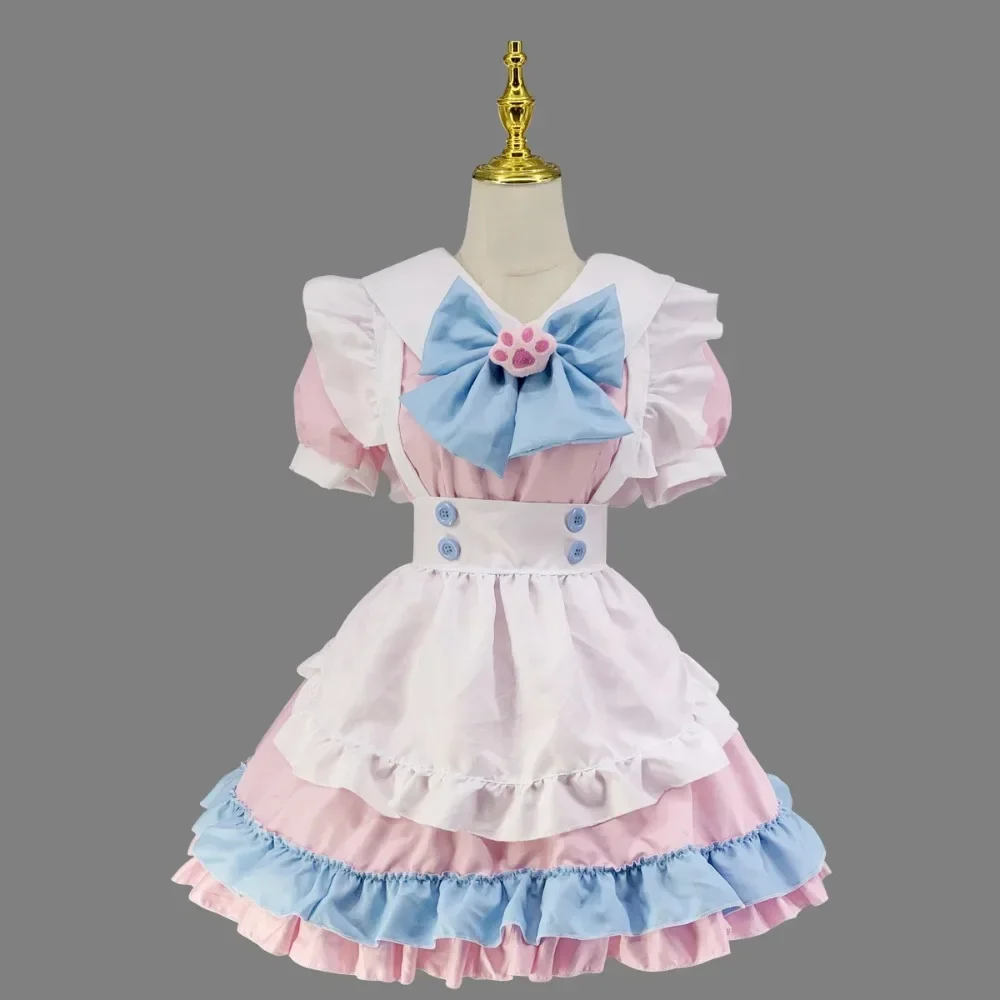 2024 Vendita calda M-5XL Abito da cameriera grande Super carino Abito Lolita con fiocco grande Gonna carina blu rosa