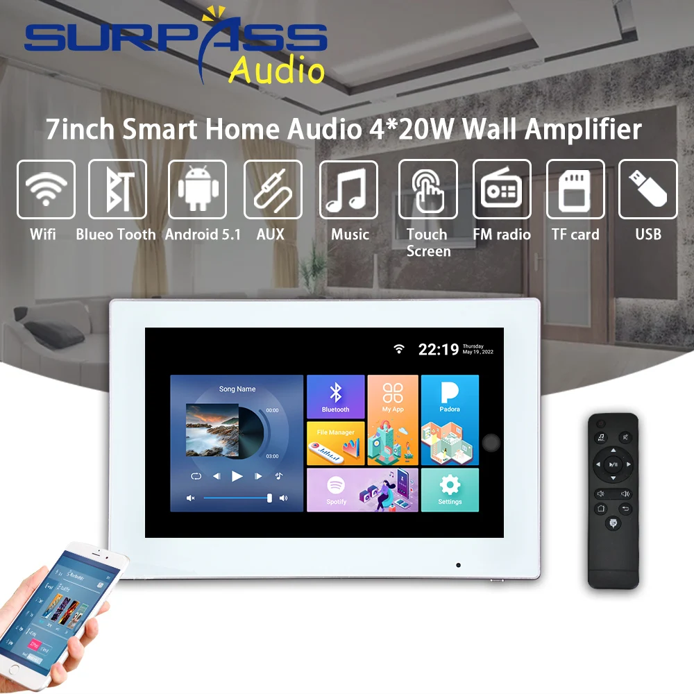 Amplifier Dinding Android Bluetooth Wifi, 7 inci Wifi gigi biru di dinding latar belakang musik rumah sistem teater layar sentuh TUYA di dinding Amplifier