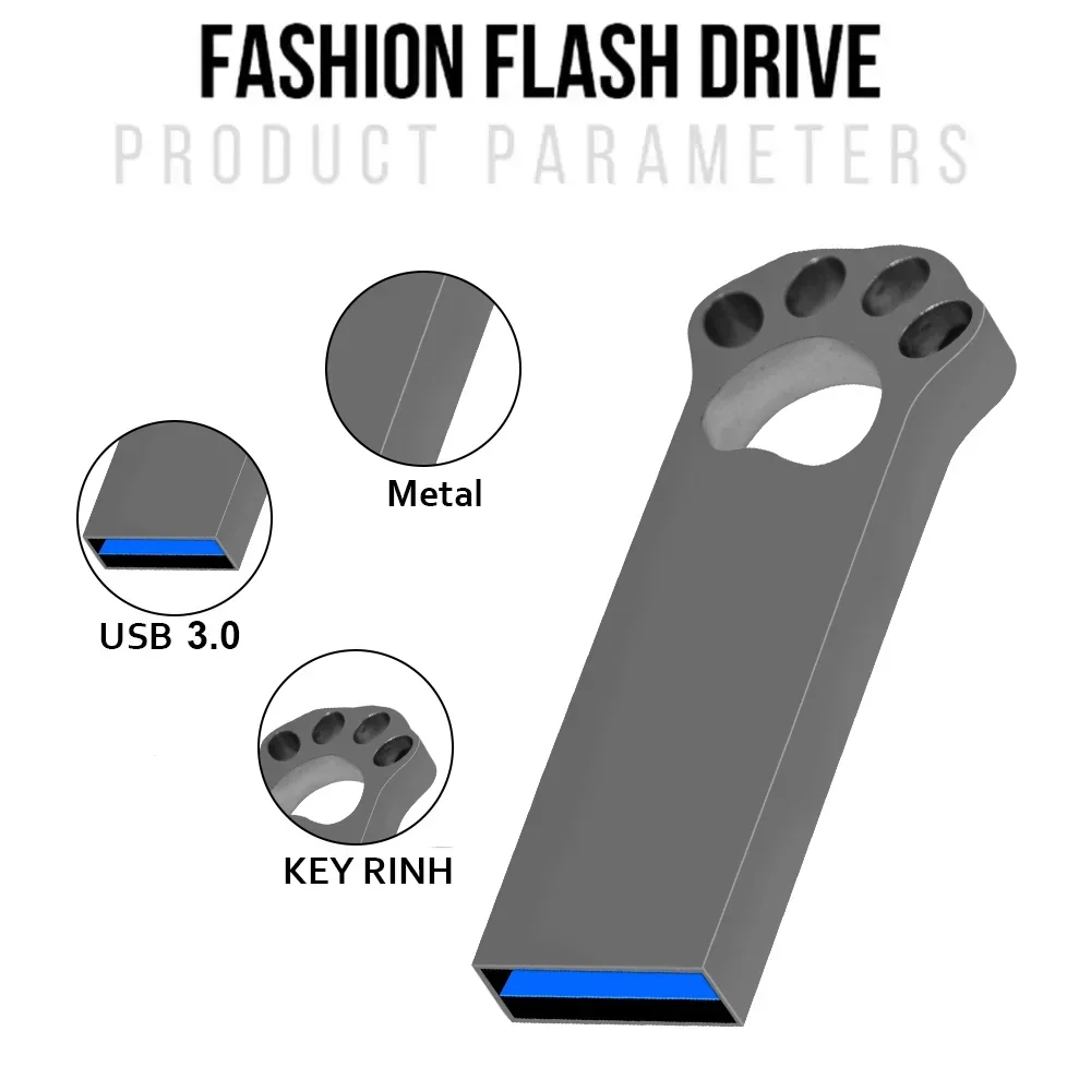 Adorável Pata Urso USB 3.0 Flash Drives, Prata Memory Stick, Presente Criativo, Metal, Pen Drive à prova d'água, Preto, 128GB, 32GB, 64GB