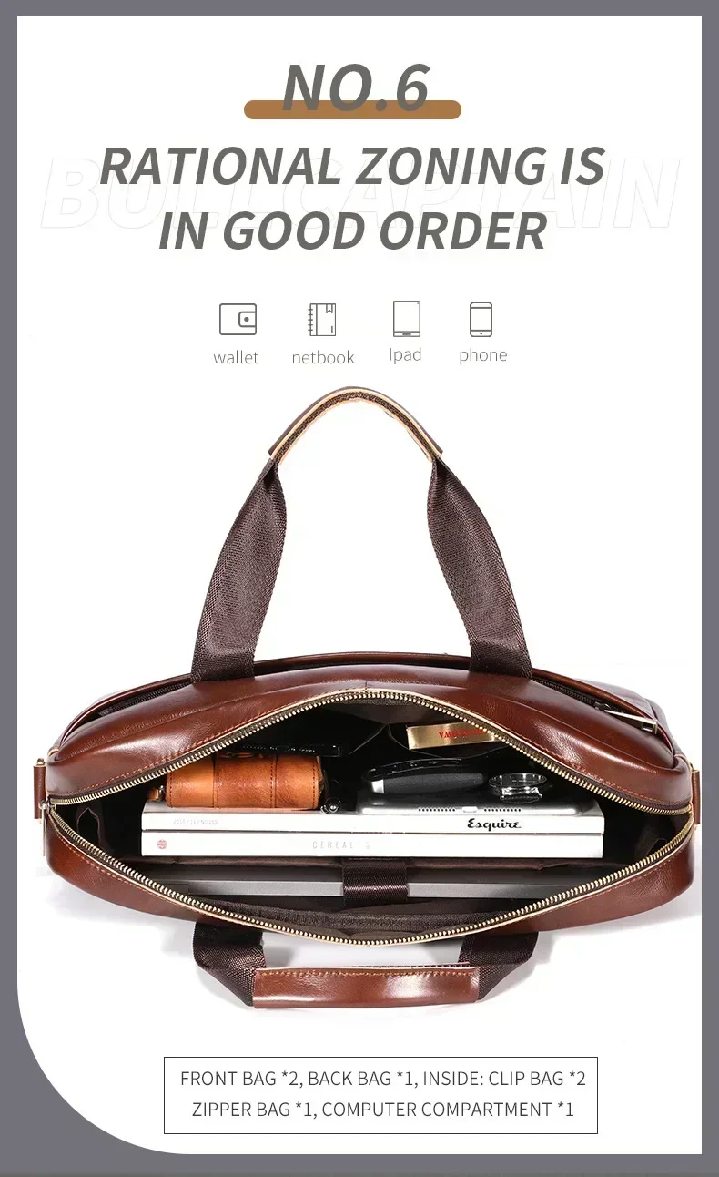 Valigetta da uomo in pelle bovina con strato superiore Borsa a tracolla retrò per laptop di grande capacità Borsa a tracolla Borsa da lavoro