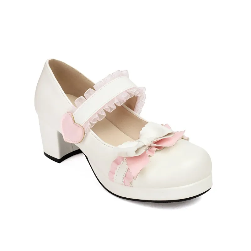 Japanese Sweet Lolita Pumps Maid Cosplay Princess Mary Jane Shoes Cute Bow Strap Buckle Plus Size 34-50 Black Pink Beige