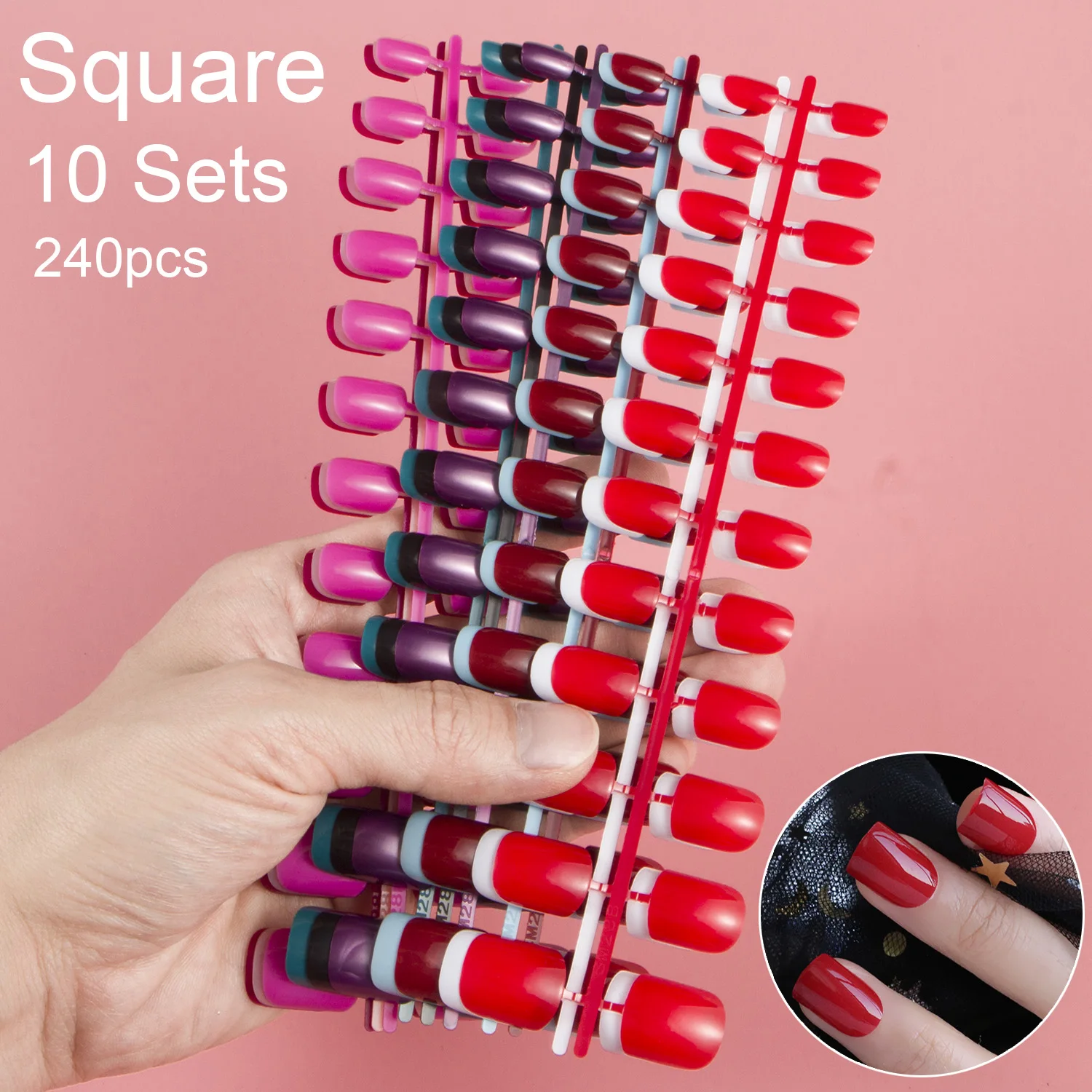 

Short Square Shape 10 Sets Different Colors Combined False Nail Tips with Soild Color 24pcs/set Press on Nail DIY Sets