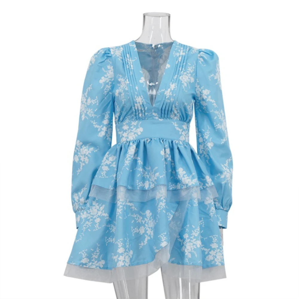 Twotwinstyle moda em camadas vestidos curtos para mulheres decote em v profundo manga longa túnica temperamento impresso uma linha vestido feminino