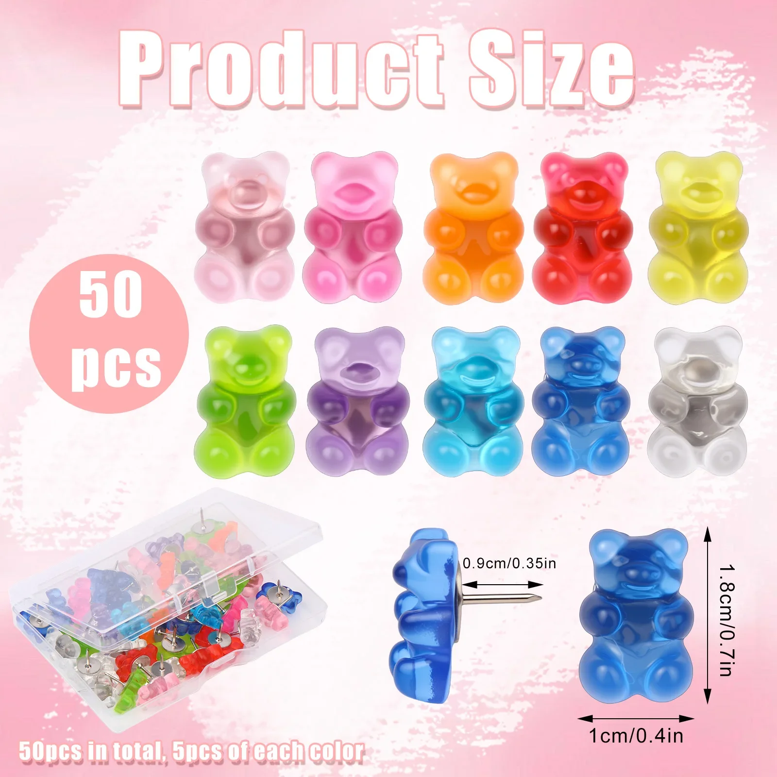 50 Pcs Colorful Bear Push Pins Translucent Resin Gummy Bear Push Pins Cute Thumb Tacks Decorative Pushpins With A Box For Office