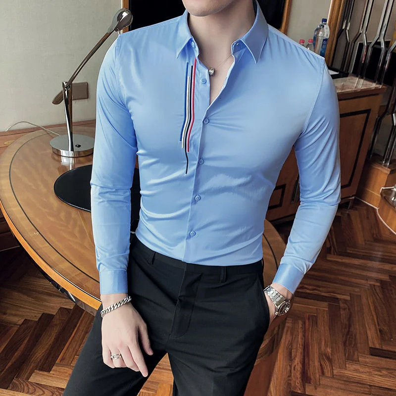 

New Autumn Striped Embroidered Men's Shirt Korean Men Clothes Slim British Long Sleeve Shirt Light Blue Camisa Social Masculina