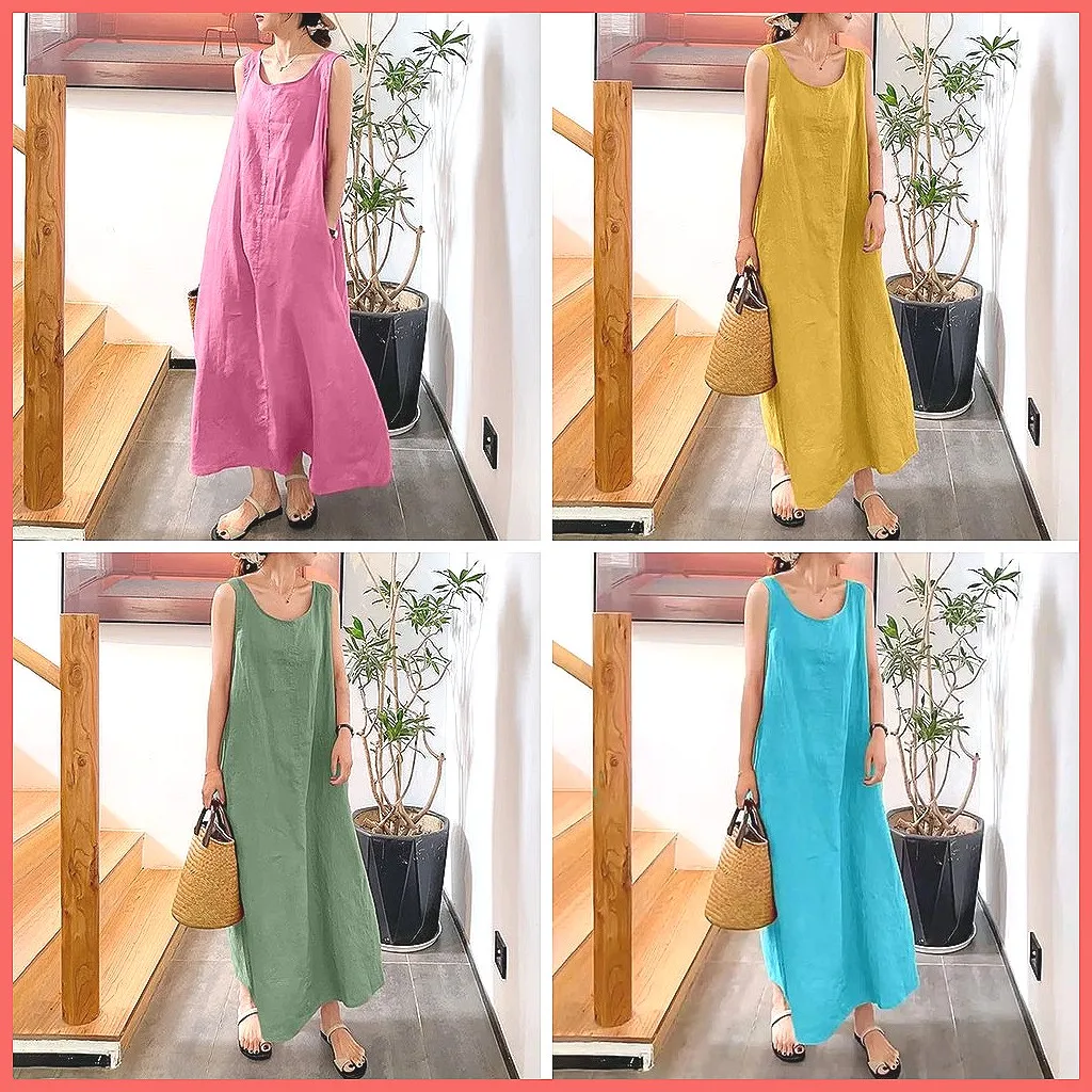 

Женское льняное платье без рукавов с карманом, свободное длинное летнее платье, повседневное, с круглым вырезом, простого стиля