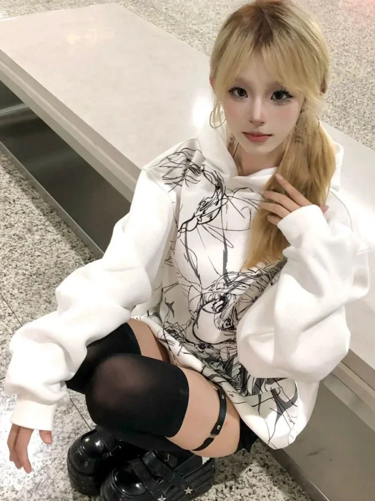 Japonês dos desenhos animados impressão grunge hoodie masculino e feminino gótico casual harajuku com capuz y2k moletom estético oversized streetwear