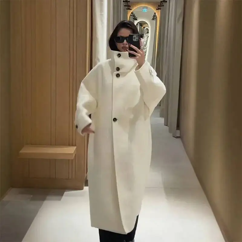 Loose Fit Long Woolen Coat Women's Autumn Winter New Style Mid-Length Stand Collar Casual Fashion Polyester Fiber Pure Color