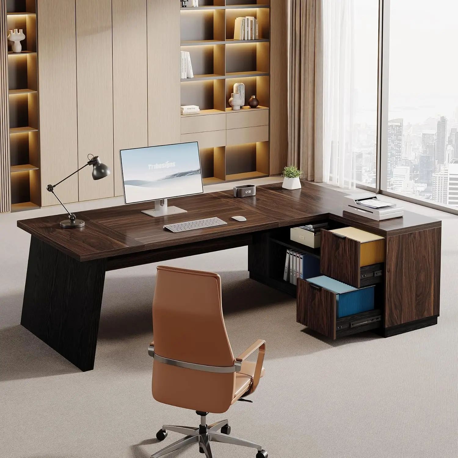 L Shaped Executive Desk With Drawers Storage Cabinet Shelves 78-inch Computer Workstation For Home Office, Customized