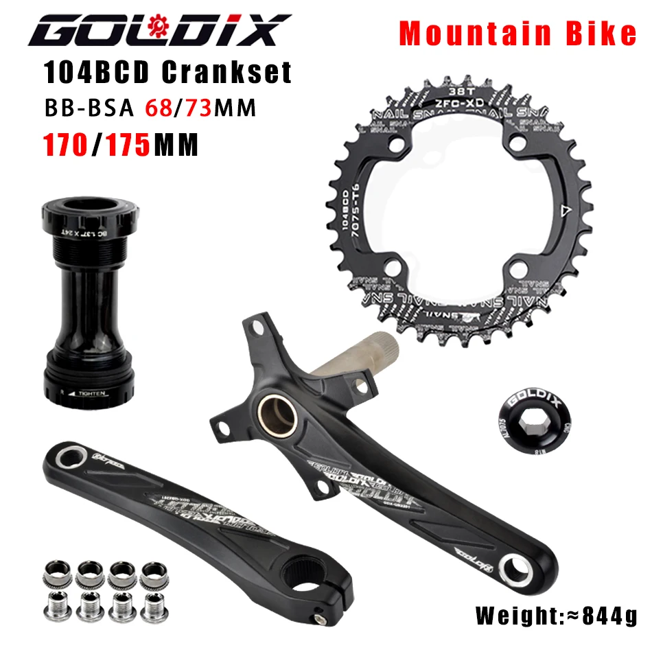 GOLDIX Bicycle Crankset Wide and Narrow Teeth 32/34/36/38/40/42T 104BCD Chainring 170/175mm Length Forging Aluminum Alloy Crank