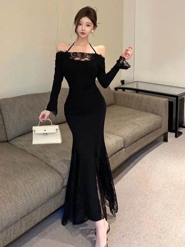 ชุดเดรสค็อกเทลสีดำหรูหรา ผ้าซีทรูจับจีบ สำหรับผู้หญิง ดีไซน์ลูกไม้ประณีต ตัดเย็บแบบเว้าช่วงตัว ชุดราตรีทรงเข้ารูปสำหรับงานเลี้ยง งานพรอม