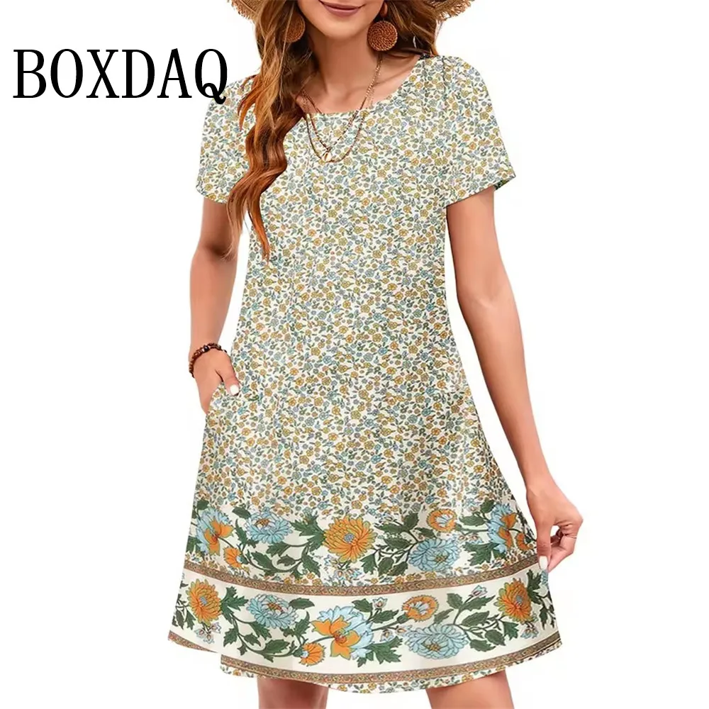 Nuevos vestidos Vintage de flores rosas para mujer, vestidos informales de estilo étnico con bolsillos sueltos de verano, vestidos de talla grande de manga corta para mujer