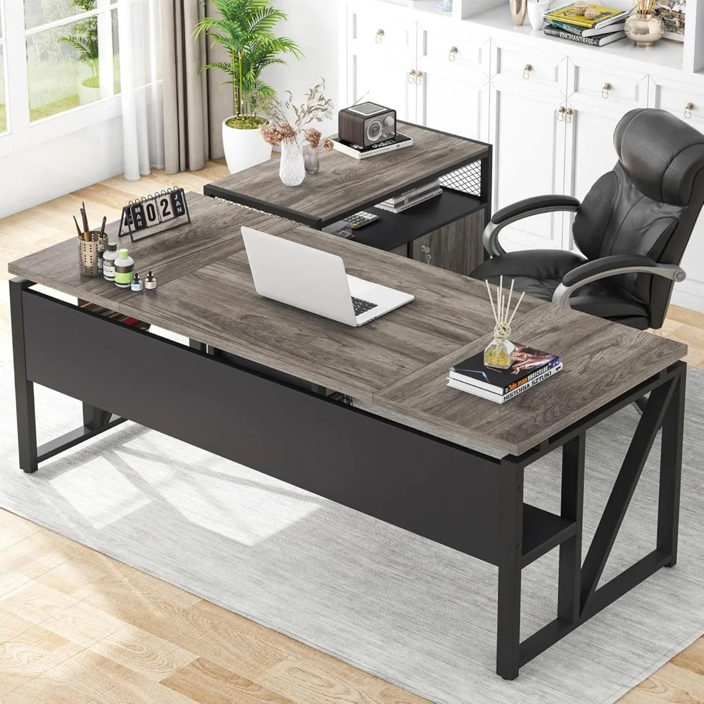

L Shaped Desk with Drawer Cabinet, 63" Executive Computer Desk and lateral File Cabinet, 2 Piece Home Office Furniture with Dra