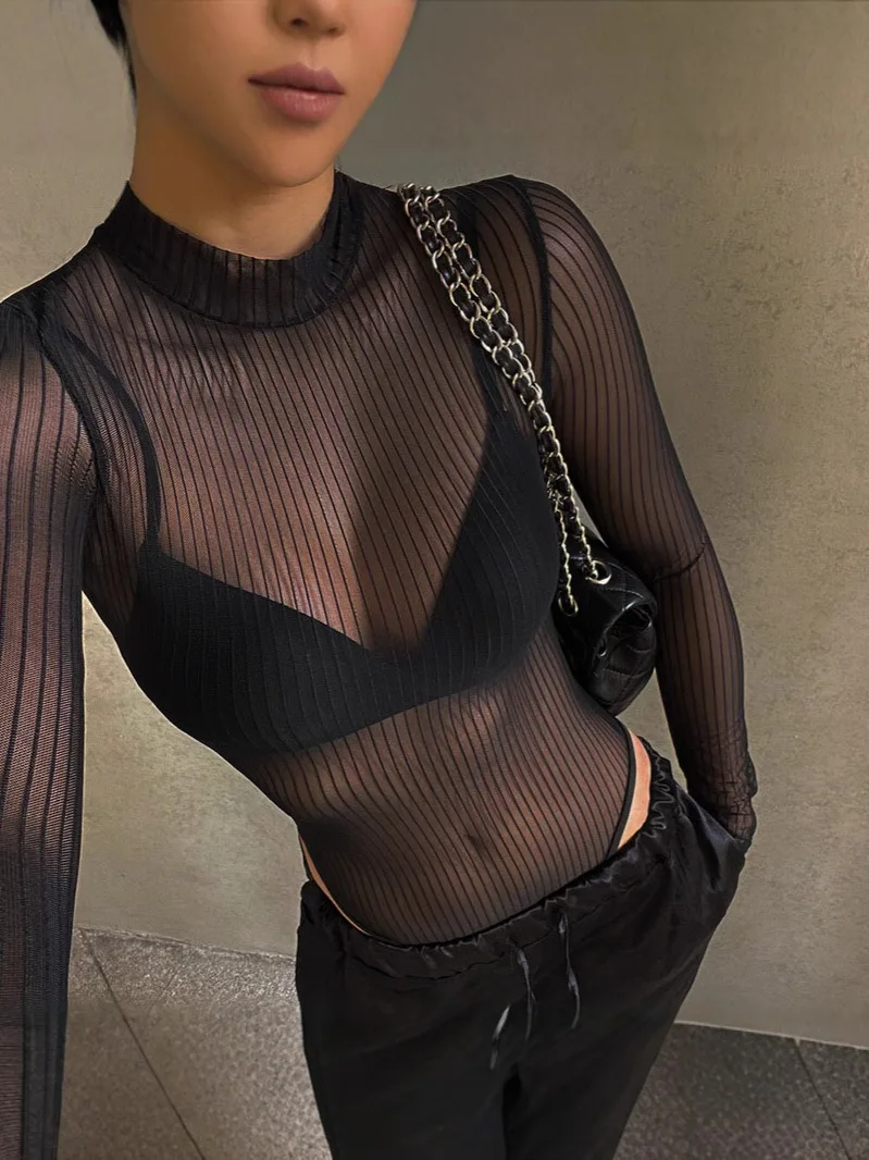 2026 New Arrival Y2K Black Sexy Spicy Girl Style Backless Cutout Lightly Mature Elegance Striped Mesh Sheer Sensual Long Sleeve image 2