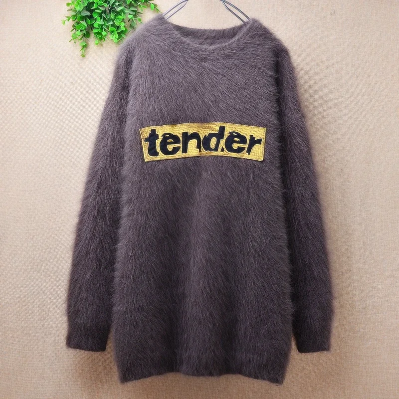 04 Female Women Fall Winter Clothing Cute Hairy Mink Cashmere Knitted O-Neck Long Sleeves Slim Blouses Pullover Jumper Sweater