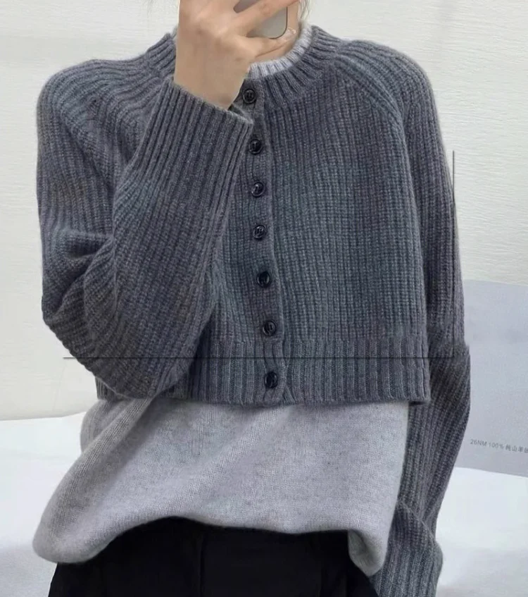 Grey sweater coat women's spring and autumn new loose French lazy wind high sense two-piece knitted cashmere cardigan