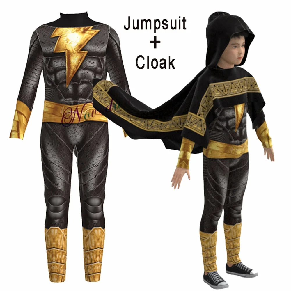 2023 New Movie Black Adam Cosplay Costume Superhero Cosplay Jumpsuit Birthday Party Halloween Costume Men Kid Bodysuit Cape Suit