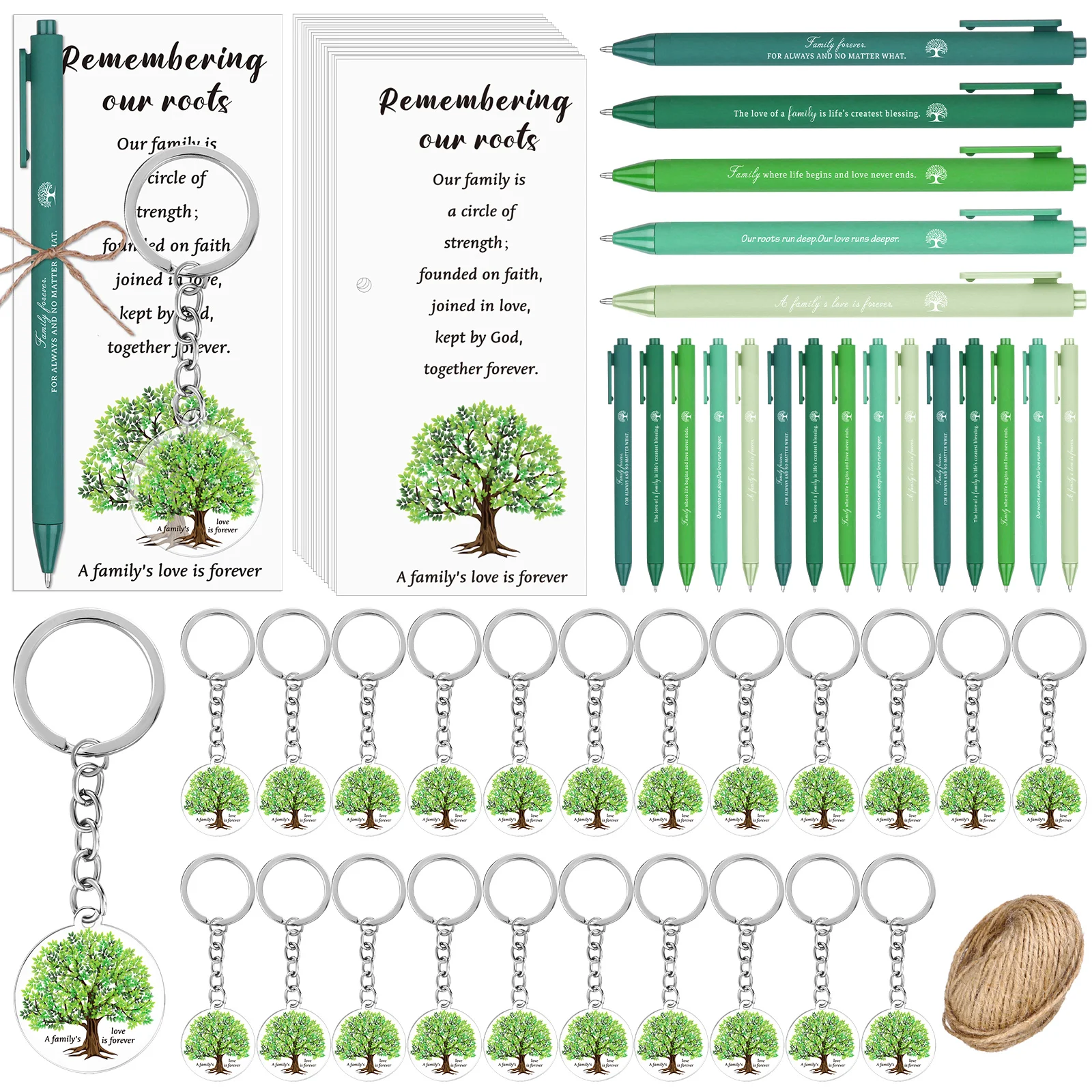 

50 комплектов подарков для воссоединения семьи, шариковые ручки с брелком «Любовь семьи», закладки с нашими корнями, веревка для семьи