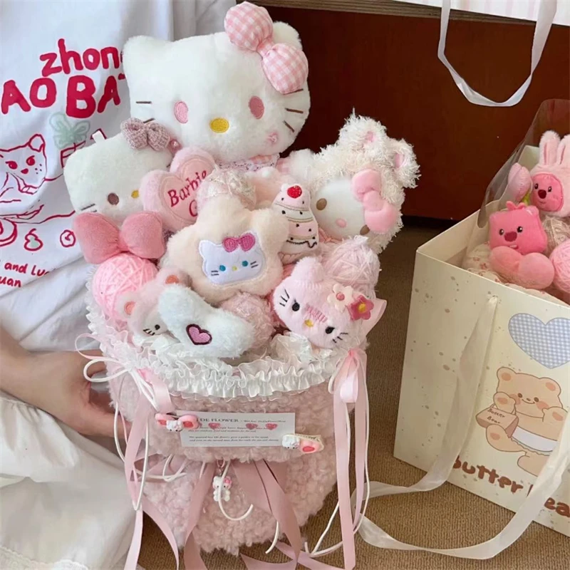 Cute Sanrio Bouquet Hello Kitty Plush Doll Flower Cartoon Cinnamoroll Kuromi My Melody Toys Flower Girl&Child Holiday Gifts