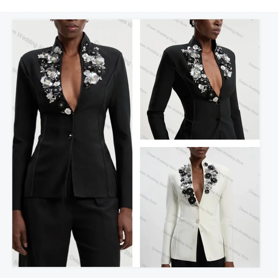 Black Women Suit Set 2 Pcs Blazer+Pants Luxury 3D Flower Crystals Formal Office Lady Jacket Customized Wedding Tuxedos Coat