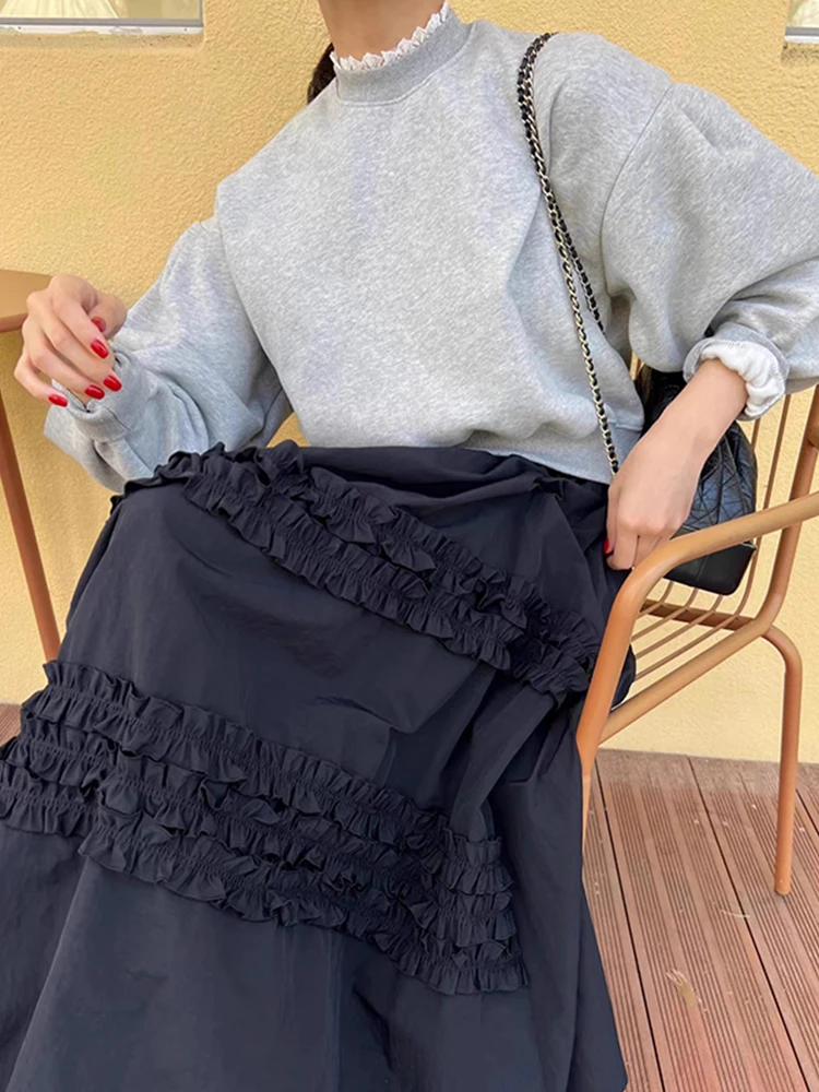 Conjunto de falda y suda e para otoño e invierno, conjunto de dos piezas con ribete de volantes, falda de media lo...