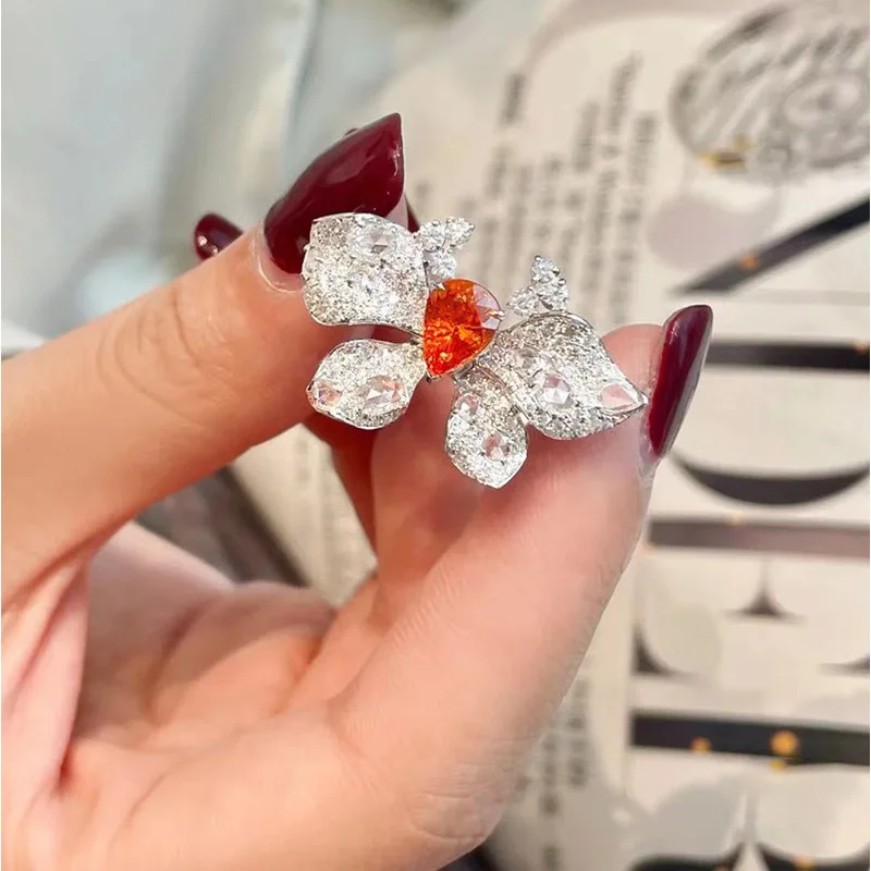 Pure silver colorful treasure butterfly diamond ring with an open ring, women's full diamond, light luxury, high-end and sweet