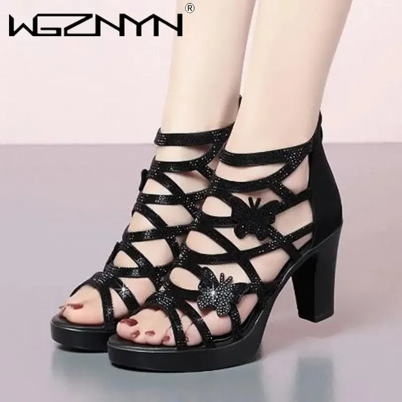 New Summer Open Toe Sandals Bright Rhinestone Microfiber Women Shoes Fashion Gladiator Sandals Boots Roman Crystal Wedding Shoes