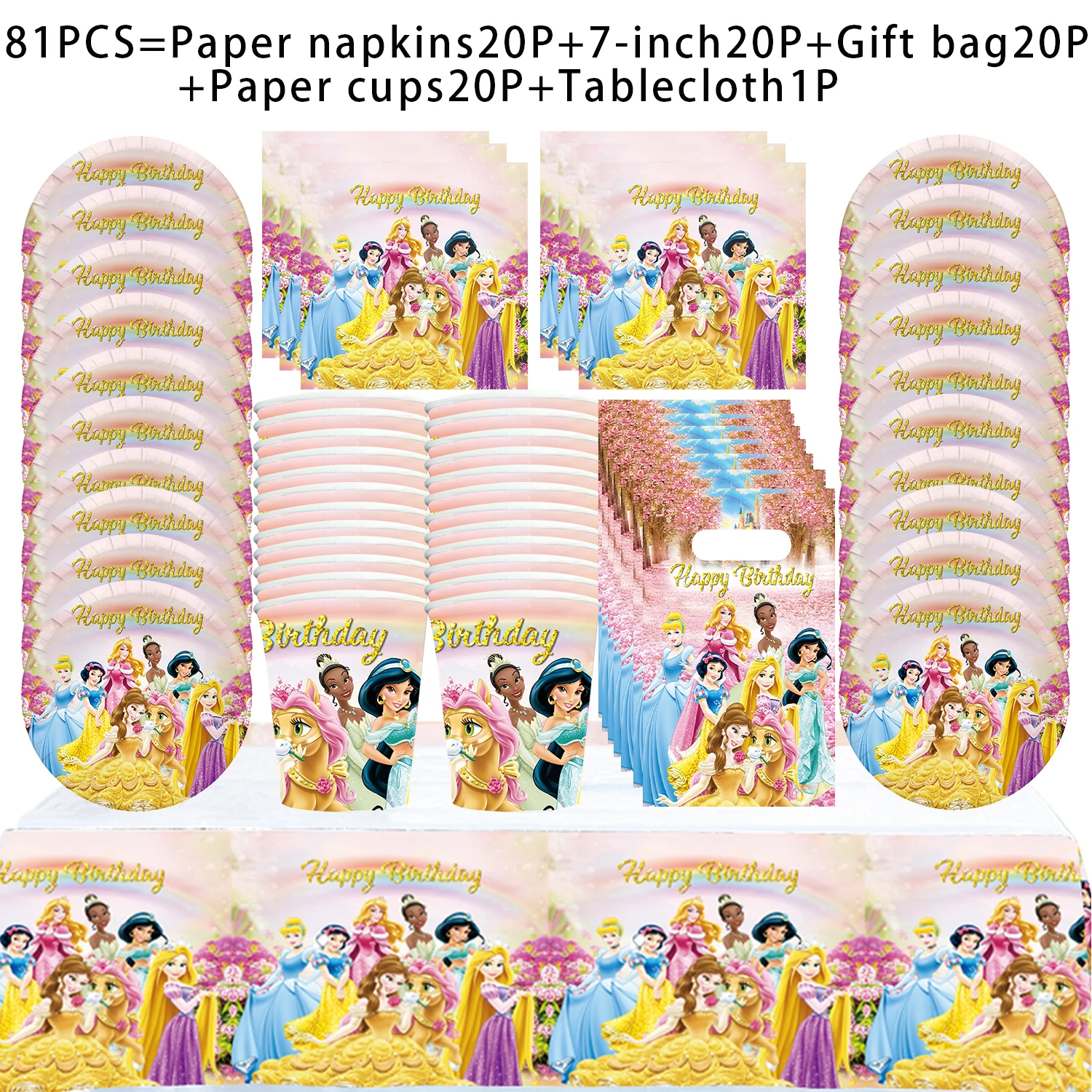 Disney Princess Kids Party Decor Balloons Disposable Tableware Set Cartoon Cinderella Belle Snow White Birthday Party Supplies