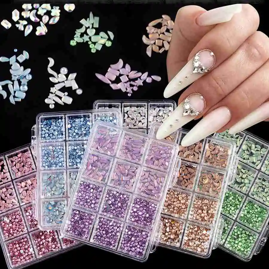 12 グリッドフラットボトムラインストーン爪用混合形状ガラスクリスタルネイルアート高級チャームキット DIY ネイルデコレーションアクセサリー