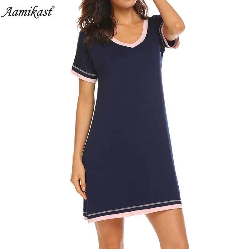 2025 Spring and Summer New Comfortable Round Neck Loose Contrast Color Cotton Short Sleeve Home Clothes Nightdress