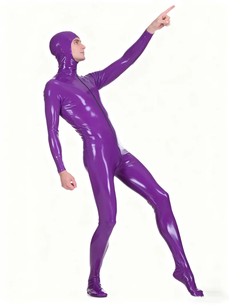 

Latex Rubber Purple Sexy Catsuit Cosplay Overall Bodysuit 0.4mm Mask Suit S-XXL