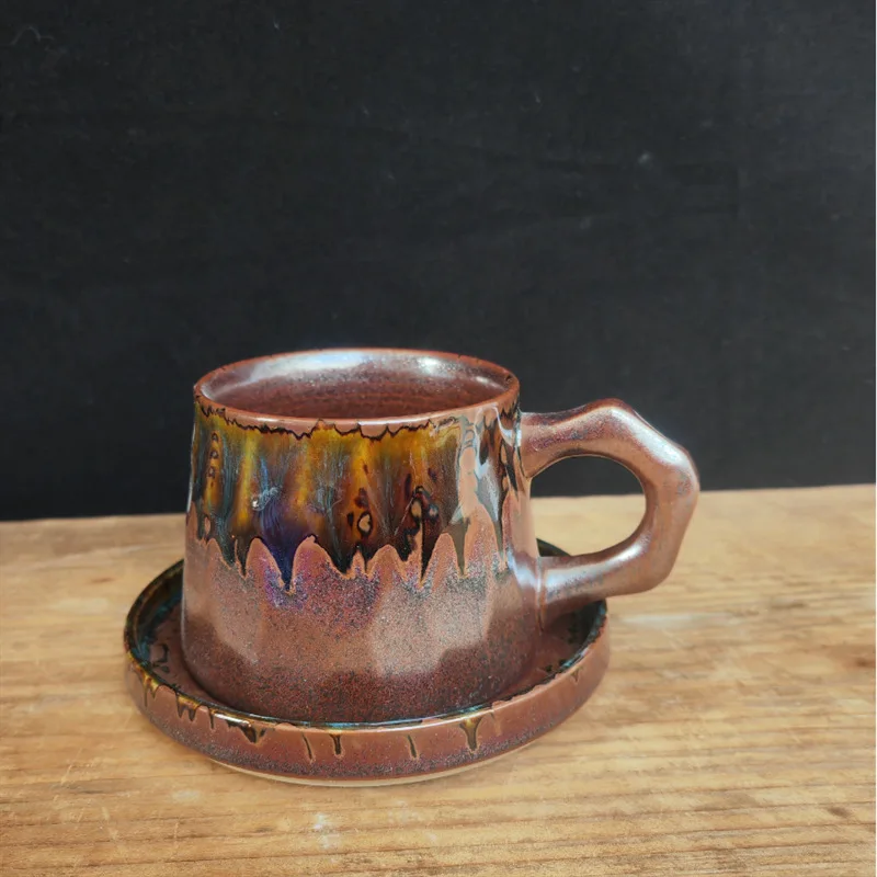 Vintage Ceramic Mug Stoneware Coffee Cup & Saucer Set Gradient Glazed Milk Afternoon Tea Cup Bread Pan 310ml Mug Drinkware Home