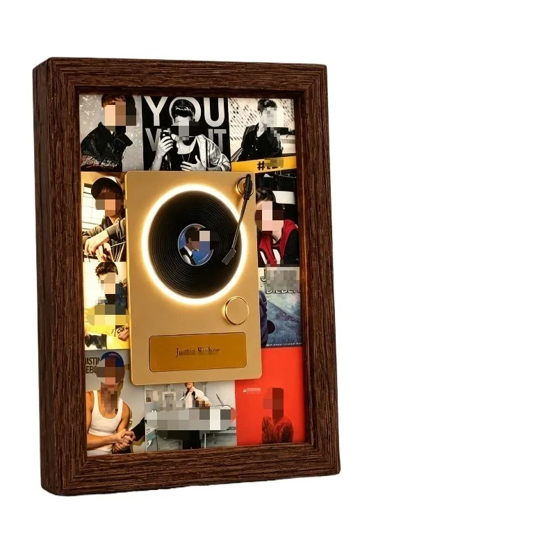 Wooden frame mini vinyl player with personalized art, rotatable night light, music display fan, commemorative item