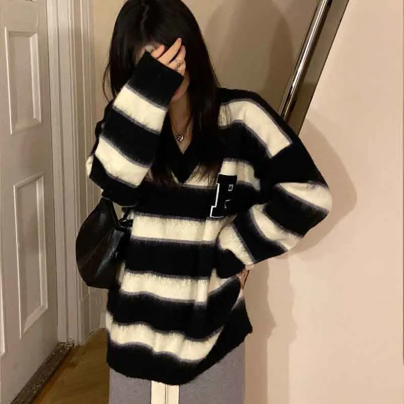 Y2K Fall Women Striped Sweater Oversized Korean Long Sleeves V Neck Knit Pullovers Winter Warm Loose All-Match Jumpers New