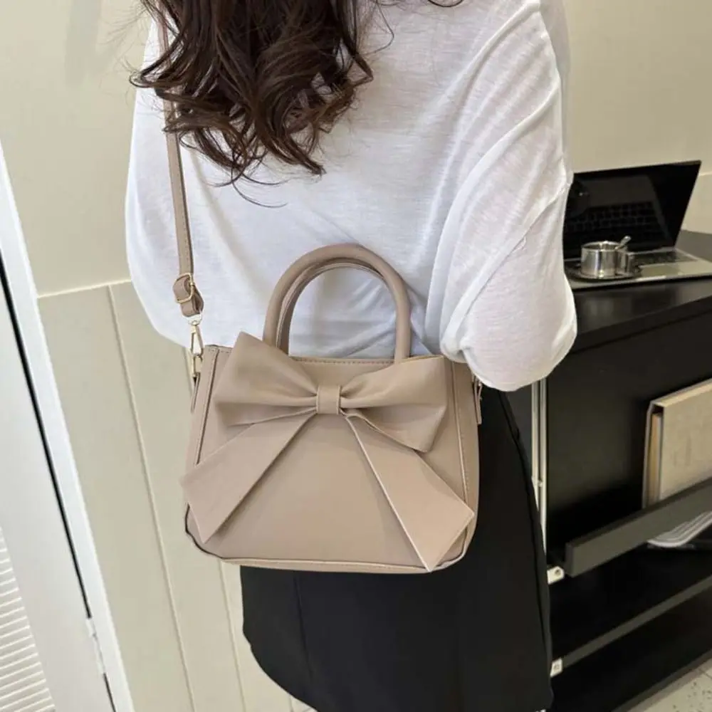 

Waterproof Bowknot Shoulder Bag Solid Color Large Capacity Leather Bow Crossbody Bag Handbag Makeup Lipstick Bag