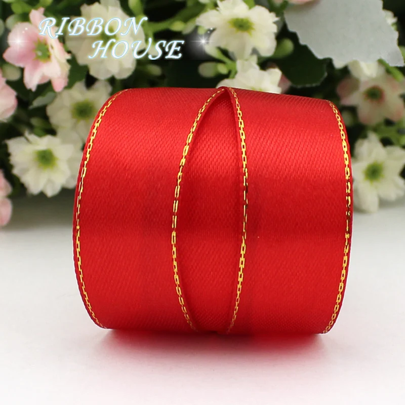 (25 yards/lot) 3/4\'\' (20mm) satin ribbons red gold edge ribbon wholesale high quality gift packaging ribbons