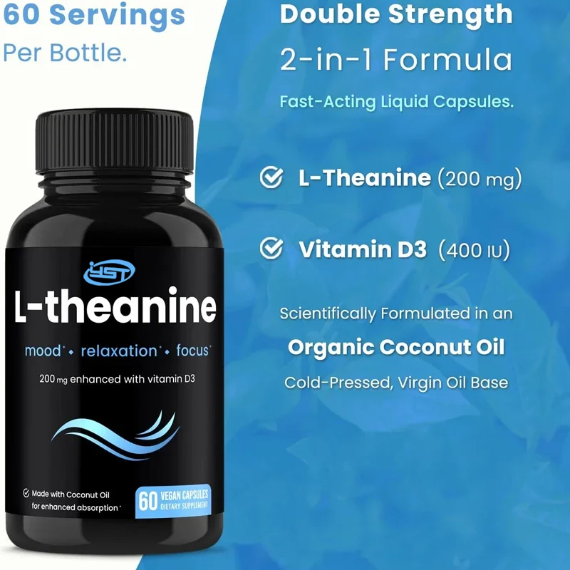 L-Theanine 200mg Capsules | Contains Vitamin D3, Organic Coconut Oil | Supports Emotions, Focus, and Relieves Stress