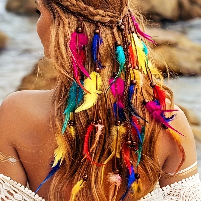 Boho Feather Headband Rainbow Indian Headbands Hippie Feather Headdress Adjustable Long Feather Hair Accessories for Women