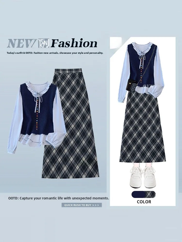 

Pastel Plaid irt And High Waist Skirt Set Spring Loose Fit Gentle Top And Midi Skirt Two Piece Outfit Wooden Trim