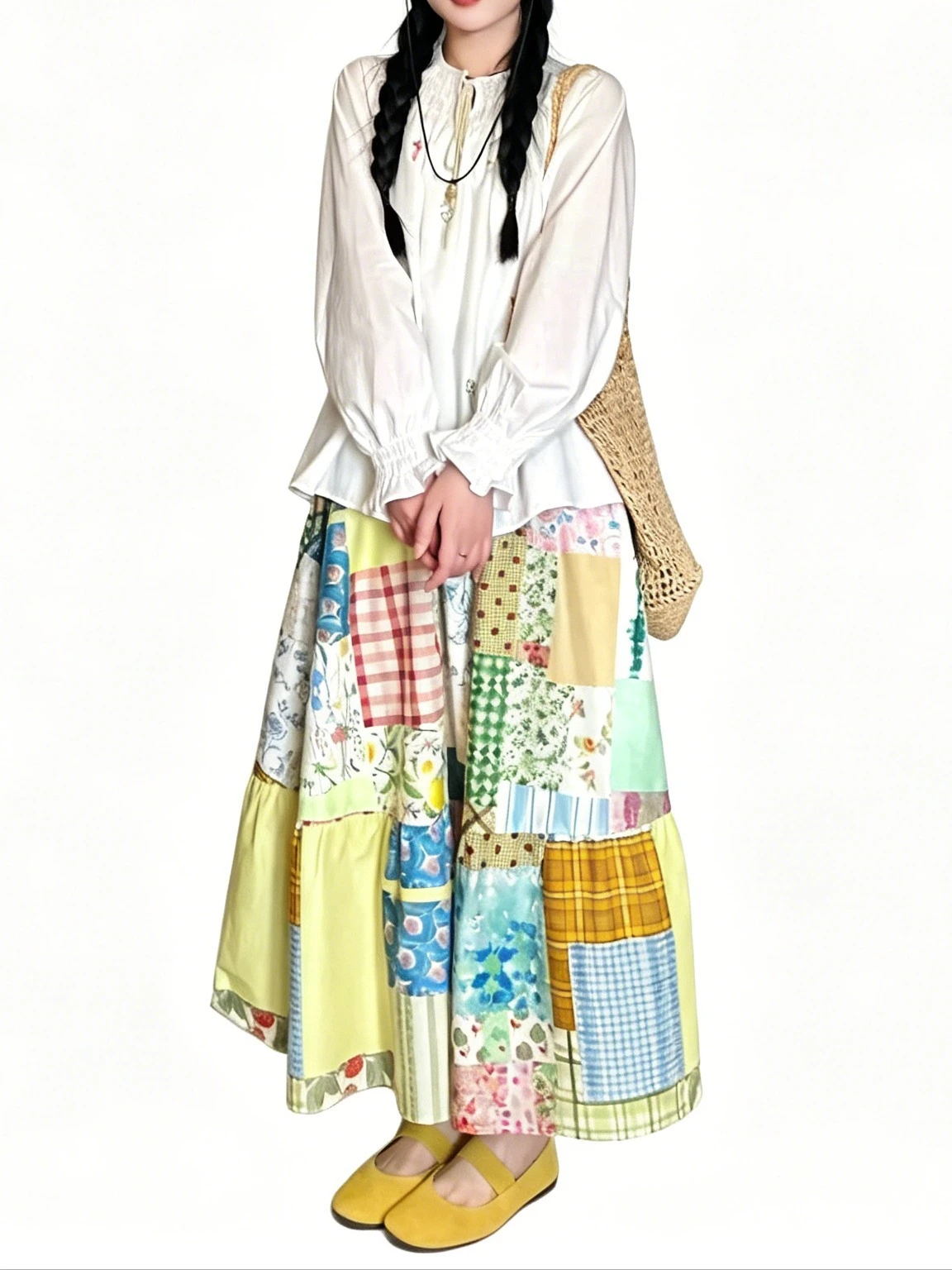 Boho Patchwork Maxi Skirt Multi Plaid Ditsy Floral Mixed Print Color Block Elastic High Waist Flowy Wide A Line Swing Long Skirt