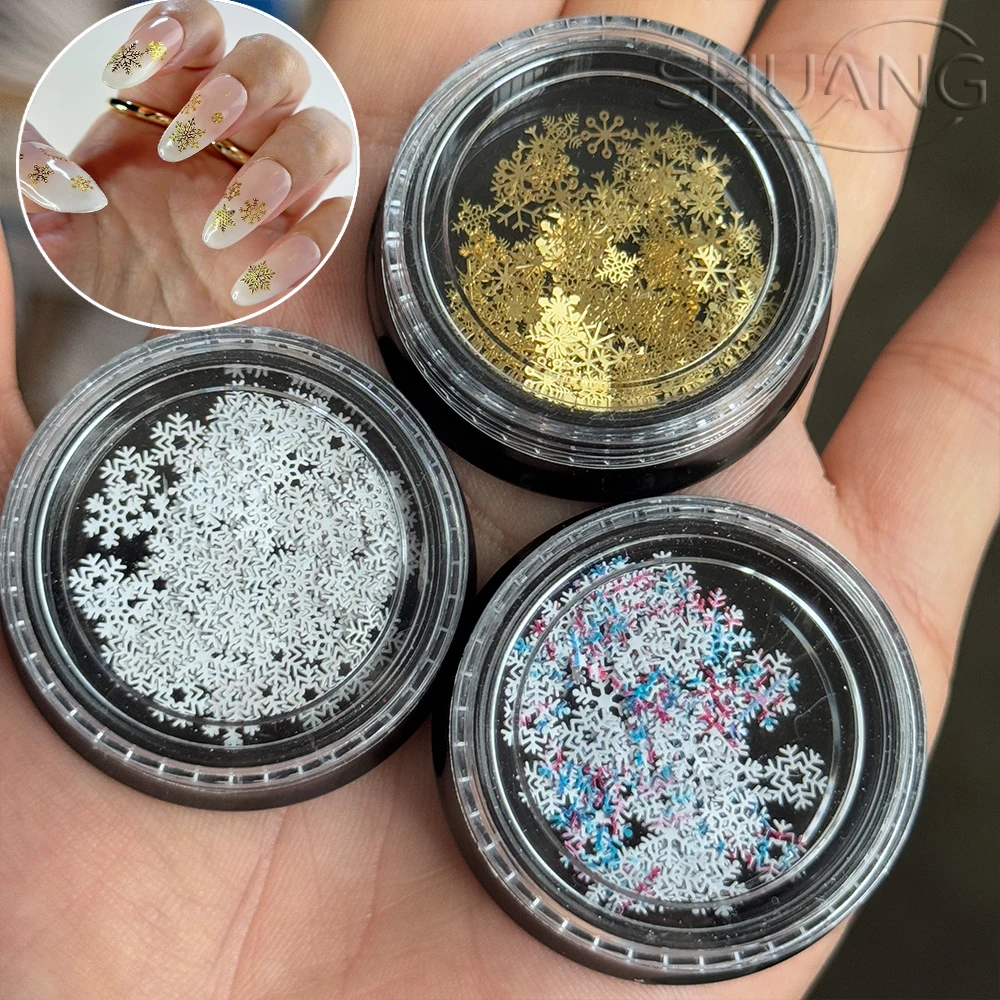 

1Jar 3D Metal Snowflakes Christmas Nail Charms Gold/White/Colorful Snow Flake Sequins Nail Glitter Jewelry Xmas DIY Nail Decorat