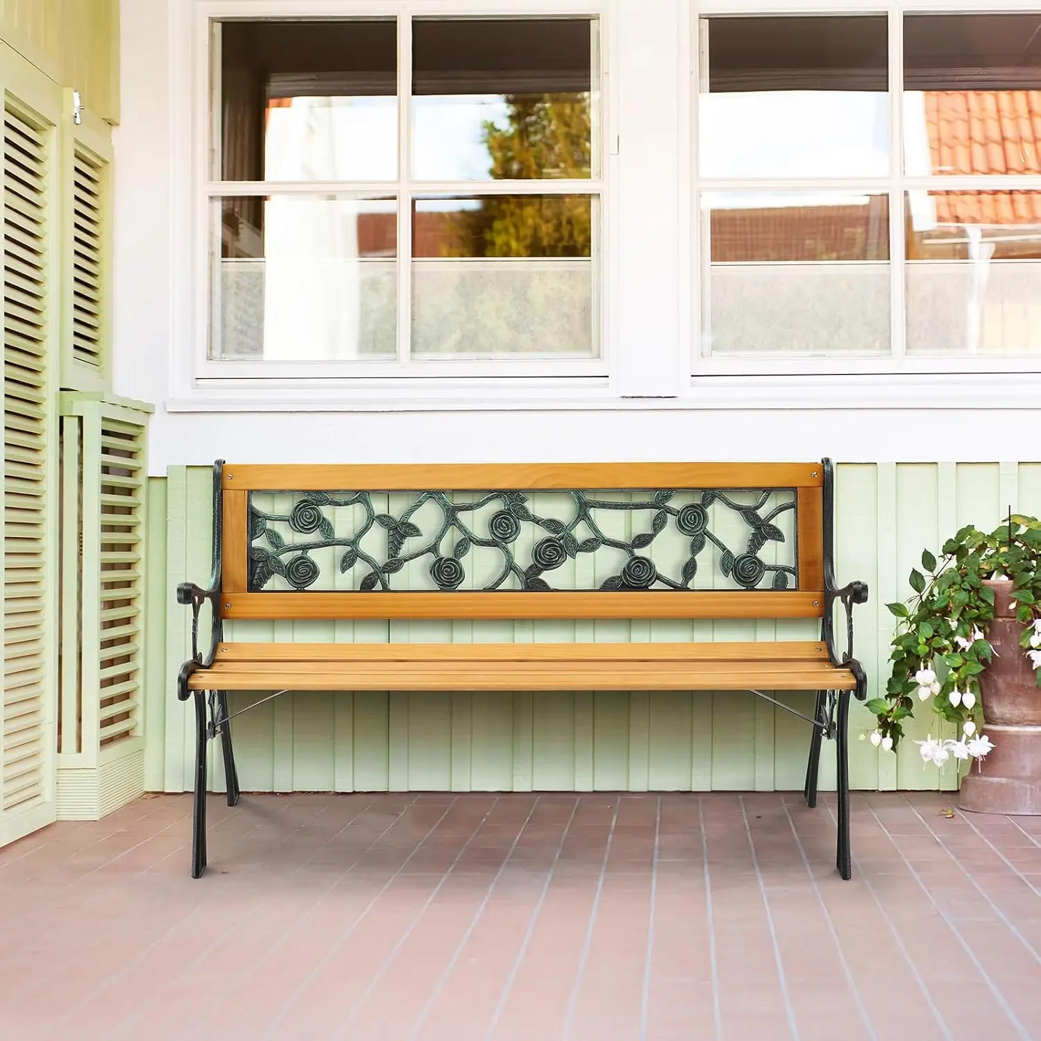 Outdoor Bench, Weather Resistant Cast Iron Frame＆Teak Wood Seat w/PVC Backrest, 3-Person 470lbs Capacity Garden Bench