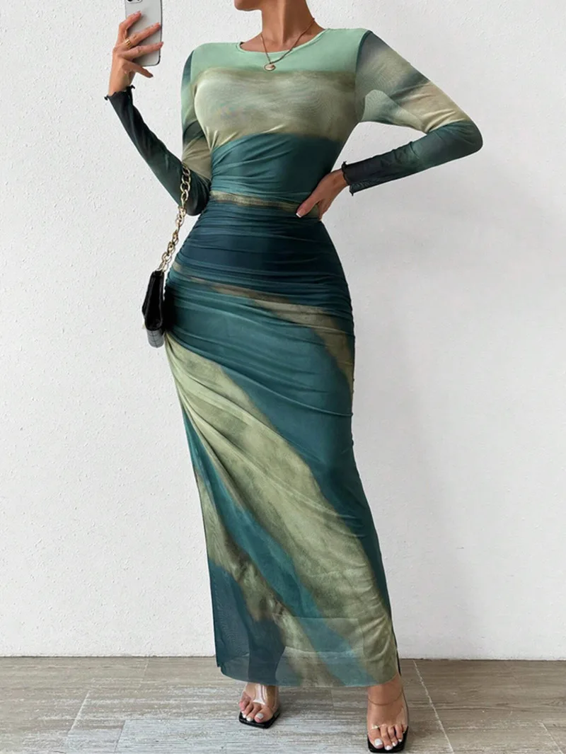 Women's Dresses Autumn French Simple Contrast Color Long Sleeve Round-Neck Maxi Wrap Fashion Dresses Long Dress Tops BQ7W