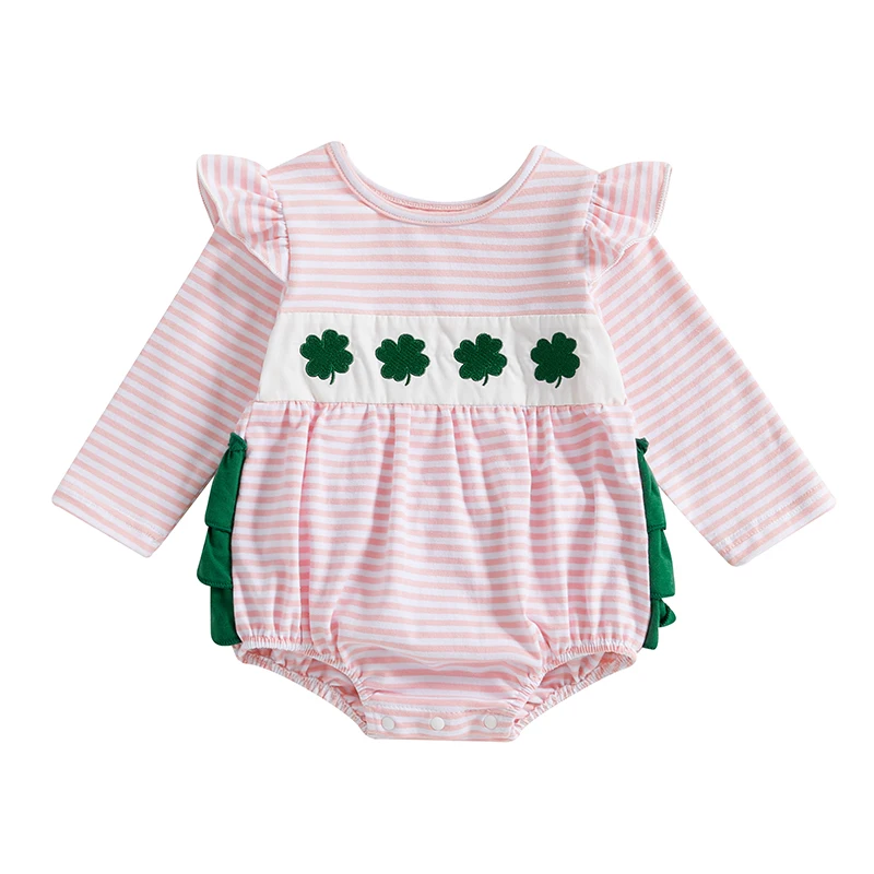 ST Patricks Day เด็กสาว Shamrock Smocked Bubble Romper Four Leaf Clover Ruffle Tutu บอดี้สูทเด็กวัยหัดเดินชุดฤดูใบไม้ผลิ