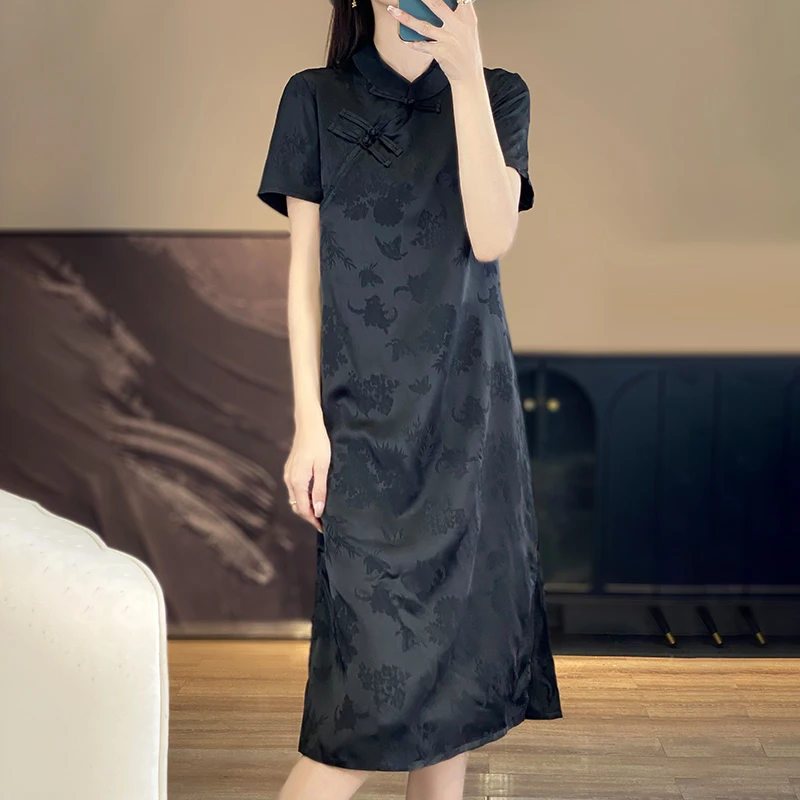 

ZOCEPT 2025 Spring Summer New Retro Jacquard Cheongsam Stand up Collar Dress Women's Silk Chinese Style Pan Button Style Dresses