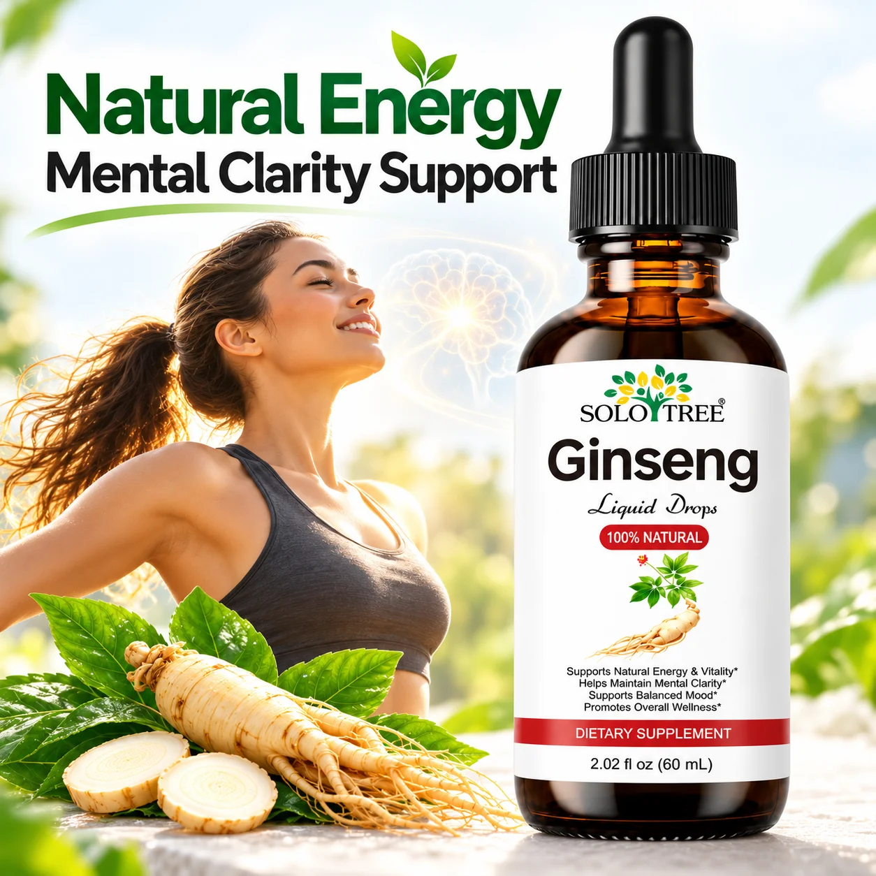 Korean Red Ginseng Drops for Natural Energy, Vitality, Mental Clarity & Balanced Mood, Panax Ginseng Root Extract 650mg, 60mL