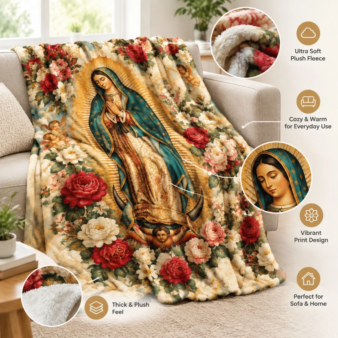Our Lady of Guadalupe Flannel Blanket Virgin Mary Rose Floral Catholic Religious Throw Blanket for Sofa Bed Couch Bedroom Living Room Faith Home Decor Prayer Gift Church Gift Cozy Nap Blanket Office Travel Christian Bedding Spiritual Room Accent