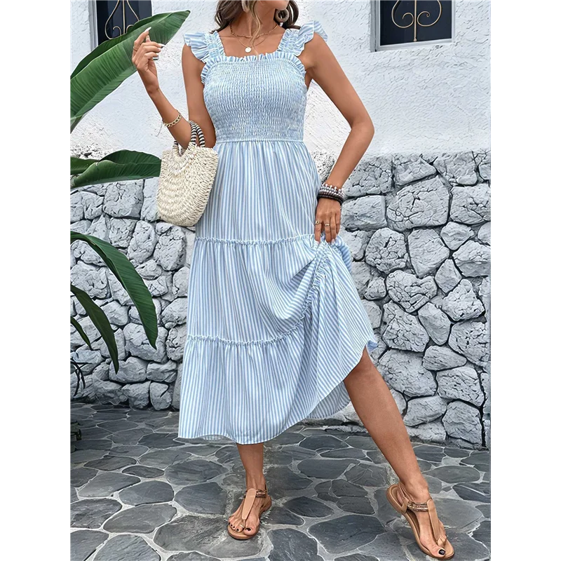 ASDS-Vestido feminino de verão boho listrado praia babado alça espaguete flowy balanço longo vestido smocked