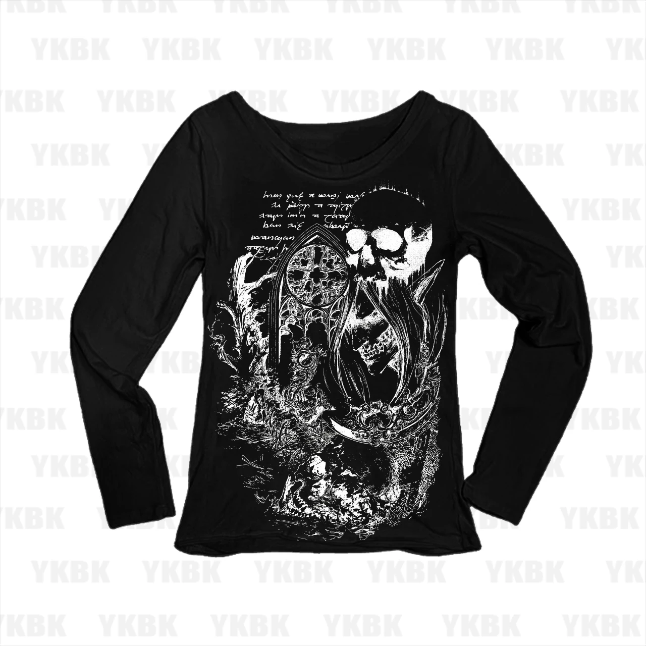 Goth Alt Women Medieval Church Window Skull Sketch Print Long Sleeve Tee Scoop Neck Slim Y2K Edgy Dark Fitted Top