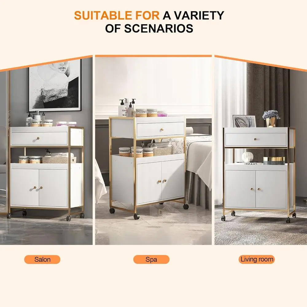 รถเข็นเสริมสวยเคลื่อนที่พร้อมล้อล็อคได้: ลิ้นชักเก็บของสำหรับอุปกรณ์ทำผม, แต่งหน้า, สปา, นวด, ต่อขนตา, สัก, อุปกรณ์ทำเล็บเท้า